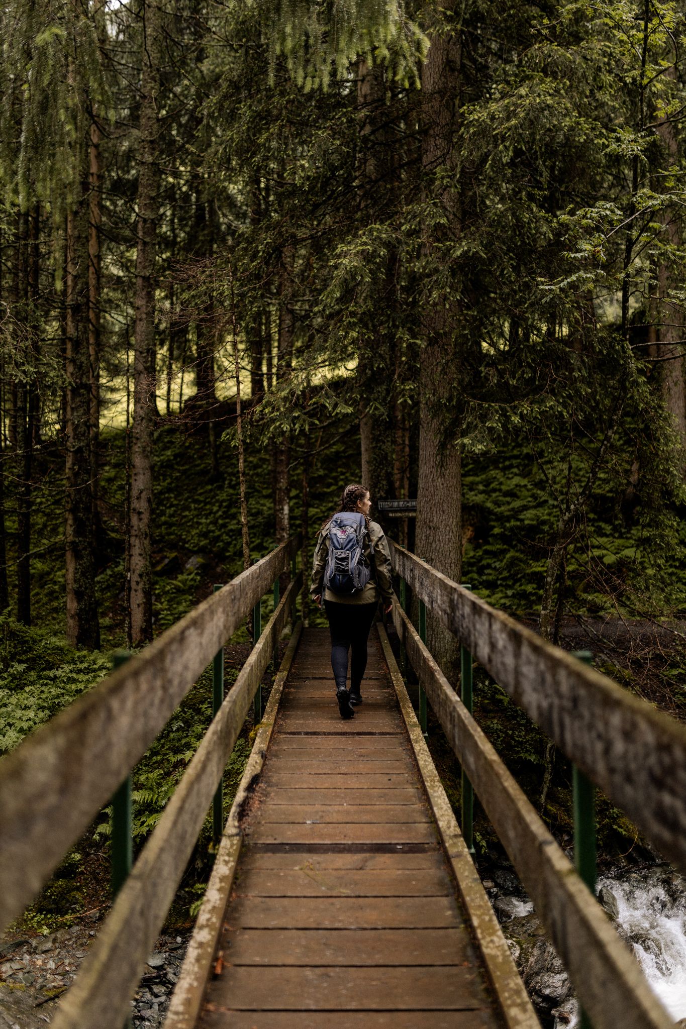 Walking through the woods on a bridge, surrounded by nature and Glemmtal.