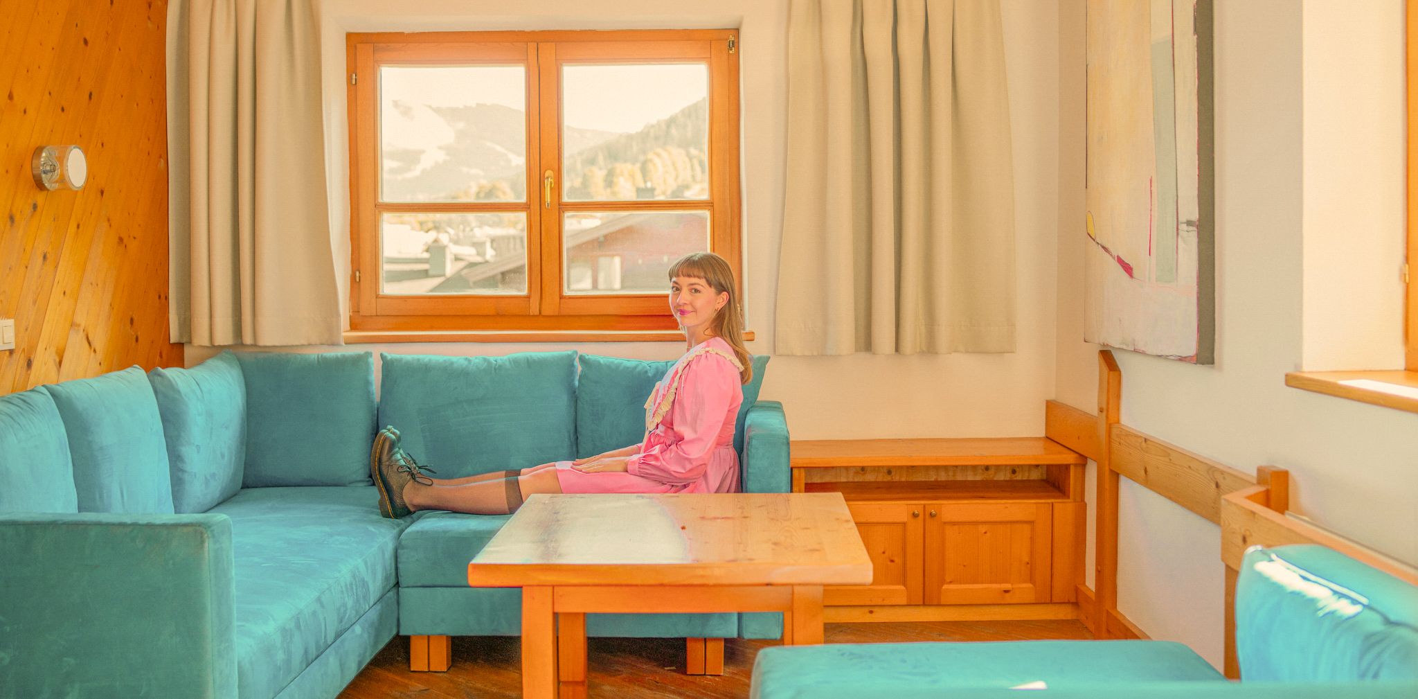 Cozy seating area in Glemmtalerhof, Hinterglemm, overlooking the mountains.