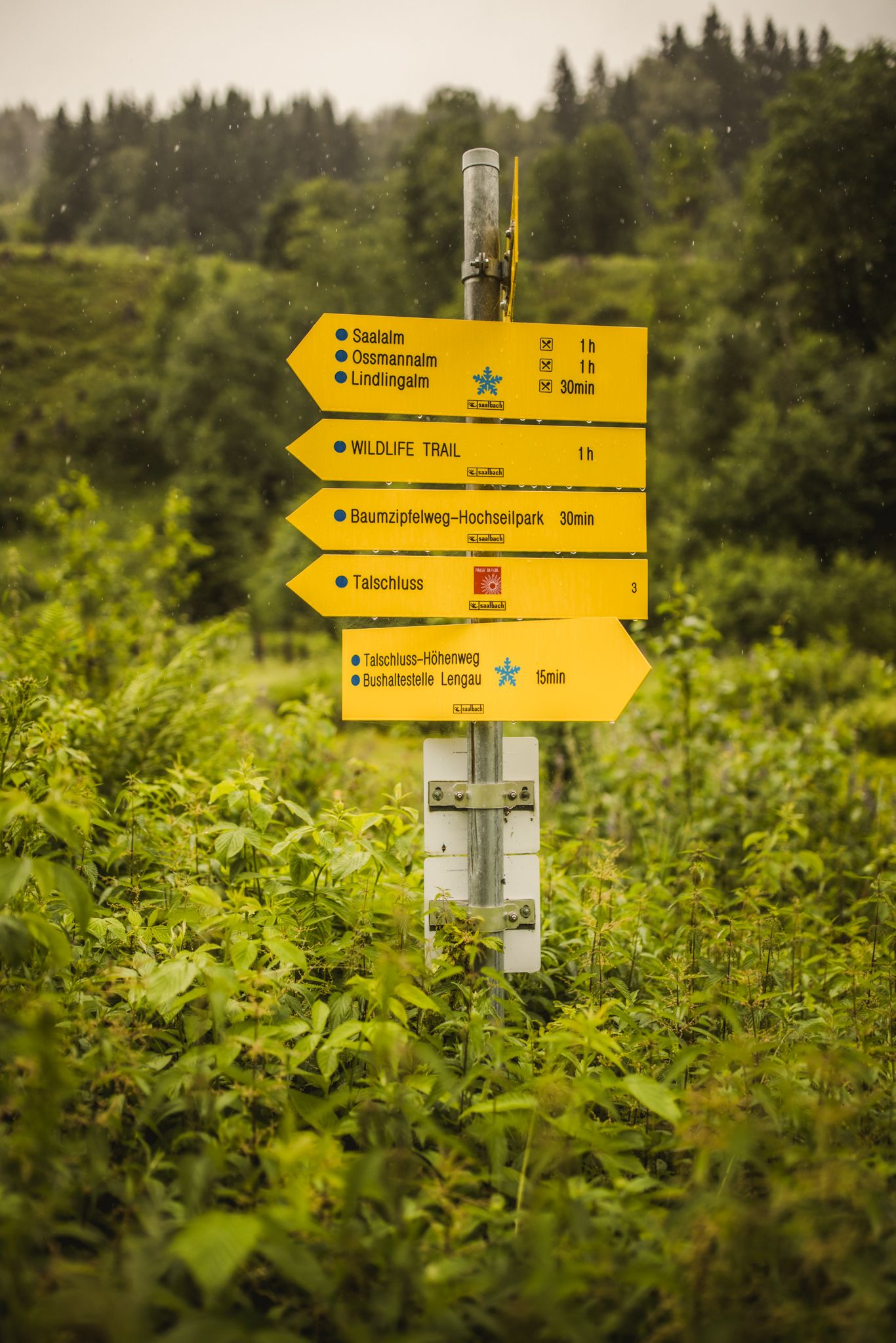 Signpost in Glemmtal with various hiking destinations and times.